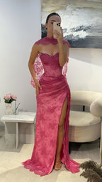 Elegant Pink Lace Mermaid Formal Prom Dresses Long Formal Evening Party Dresses With Slit,