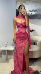 Elegant Pink Lace Mermaid Formal Prom Dresses Long Formal Evening Party Dresses With Slit,
