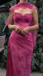 Elegant Pink Lace Mermaid Formal Prom Dresses Long Formal Evening Party Dresses With Slit,