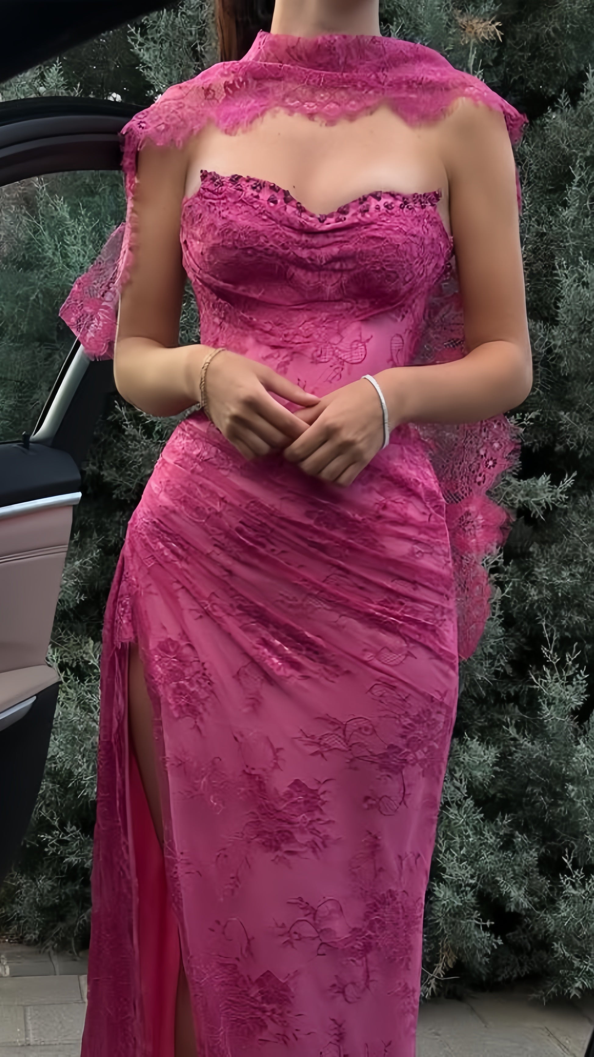 Elegant Pink Lace Mermaid Formal Prom Dresses Long Formal Evening Party Dresses With Slit,