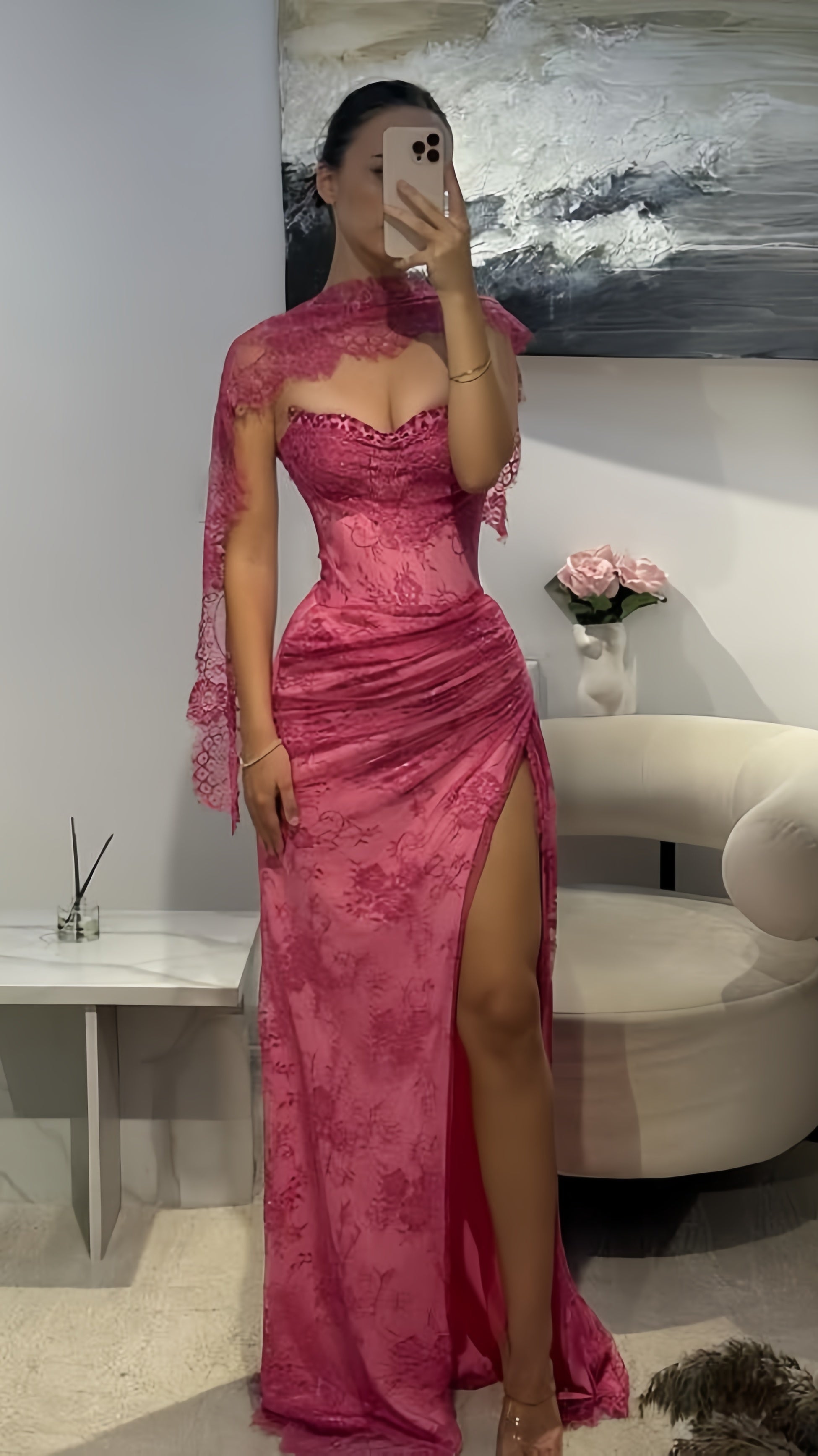 Elegant Pink Lace Mermaid Formal Prom Dresses Long Formal Evening Party Dresses With Slit,