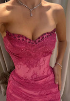 Elegant Pink Lace Mermaid Formal Prom Dresses Long Formal Evening Party Dresses With Slit,