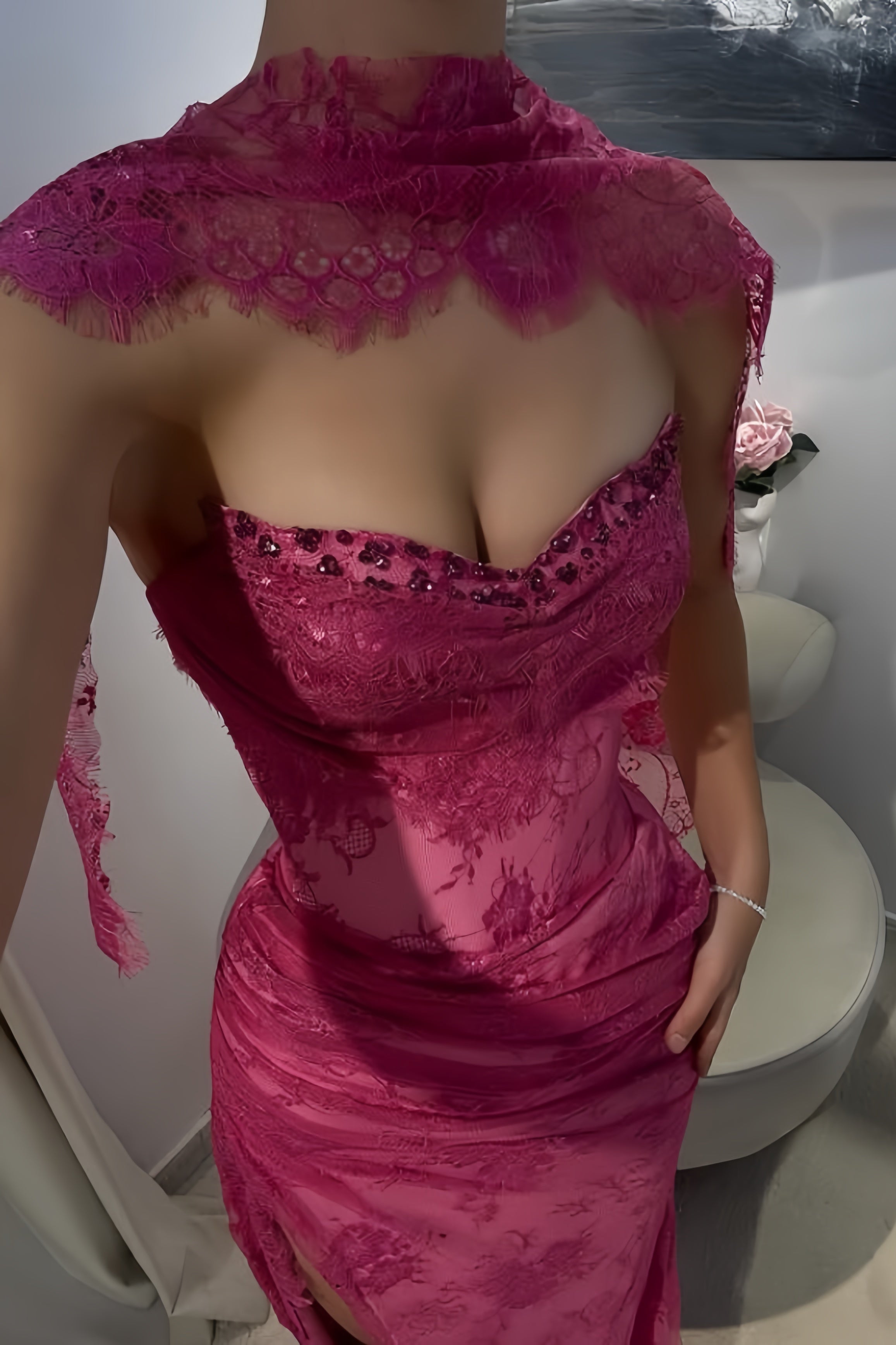 Elegant Pink Lace Mermaid Formal Prom Dresses Long Formal Evening Party Dresses With Slit,