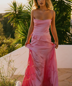 Pink Fashion Lazy Spaghetti Straps Elegant Long Satin Two Piece Formal Prom Dresses Formal Evening Dresses Party Dresses Wedding Holiday Birthday Party Dresses