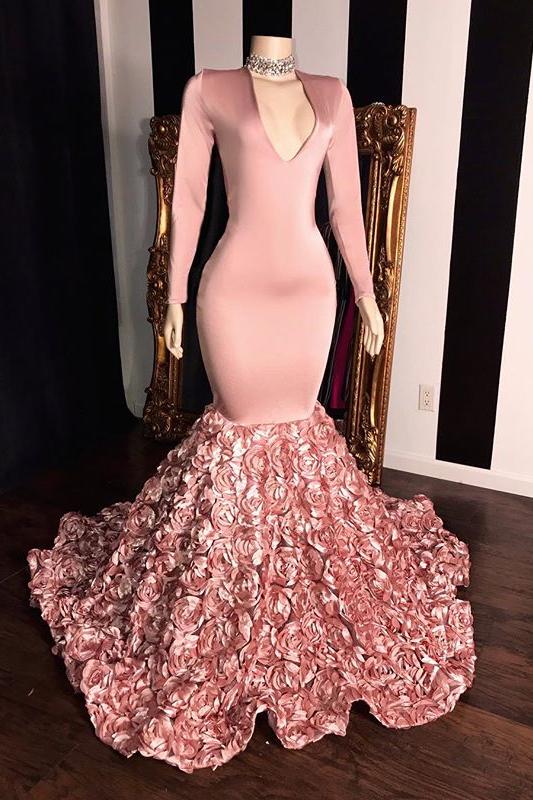 Elegant Pink Long Sleevess Flowers Mermaid Prom Gowns V-Neck Evening Dress Secondary image