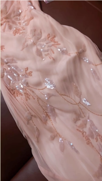 Elegant Pink Mermaid Draped Collar Leaf Sequin Beaded Chiffon Long Formal Prom Dresses
