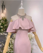 Elegant Pink Mermaid Halter Neck Ruffled Satin Train Formal Prom Dresses