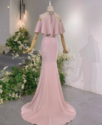 Elegant Pink Mermaid Halter Neck Ruffled Satin Train Formal Prom Dresses