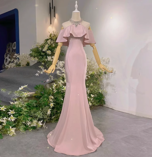 Elegant Pink Mermaid Halter Neck Ruffled Satin Train Formal Prom Dresses