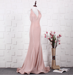 Elegant Pink Mermaid Halter V-Neck Satin Train Formal Prom Dresses
