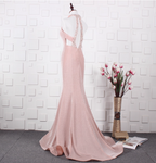 Elegant Pink Mermaid Halter V-Neck Satin Train Formal Prom Dresses