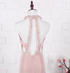 Elegant Pink Mermaid Halter V-Neck Satin Train Formal Prom Dresses