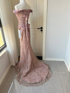 Elegant Pink Mermaid Off-Shoulder 3D Floral Sequined Formal Prom Dresses