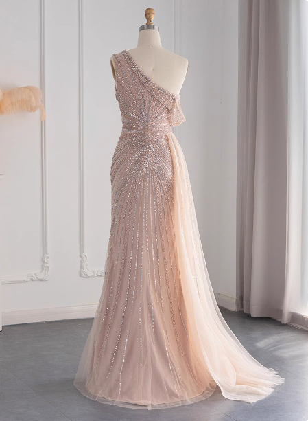 Elegant Pink Mermaid One-Shoulder Beaded Tulle Slit Train Formal Prom Dresses Secondary image