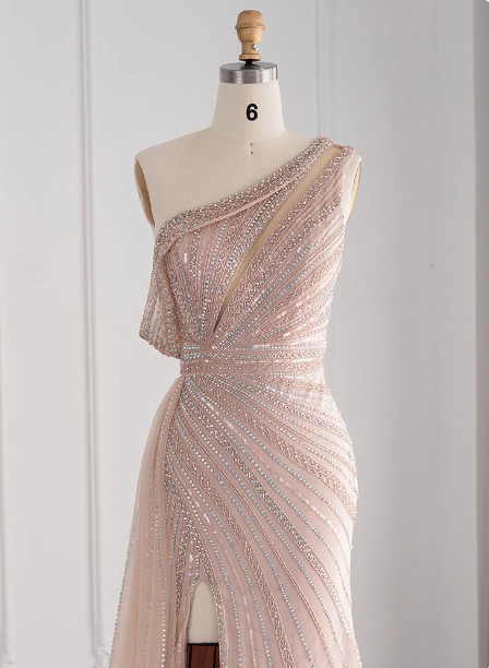 Elegant Pink Mermaid One-Shoulder Beaded Tulle Slit Train Formal Prom Dresses