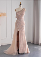 Elegant Pink Mermaid One-Shoulder Beaded Tulle Slit Train Formal Prom Dresses