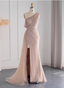 Elegant Pink Mermaid One-Shoulder Beaded Tulle Slit Train Formal Prom Dresses