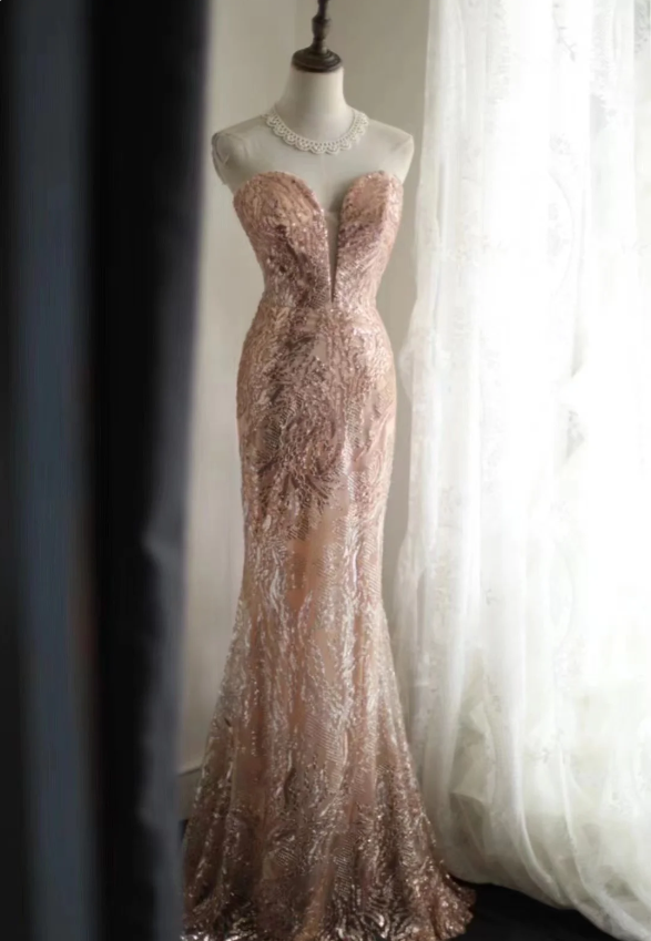 Elegant Pink Mermaid Sequined Formal Prom Dresses