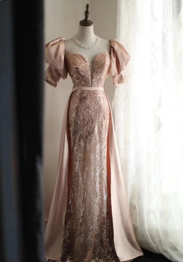 Elegant Pink Mermaid Sequined Formal Prom Dresses Main image