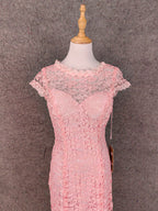 Elegant Pink Mermaid Short Sleeve Crew Neck Cutout Lace Long Formal Prom Dresses
