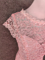 Elegant Pink Mermaid Short Sleeve Crew Neck Cutout Lace Long Formal Prom Dresses