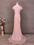 Elegant Pink Mermaid Short Sleeve Crew Neck Cutout Lace Long Formal Prom Dresses