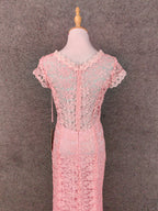 Elegant Pink Mermaid Short Sleeve Crew Neck Cutout Lace Long Formal Prom Dresses