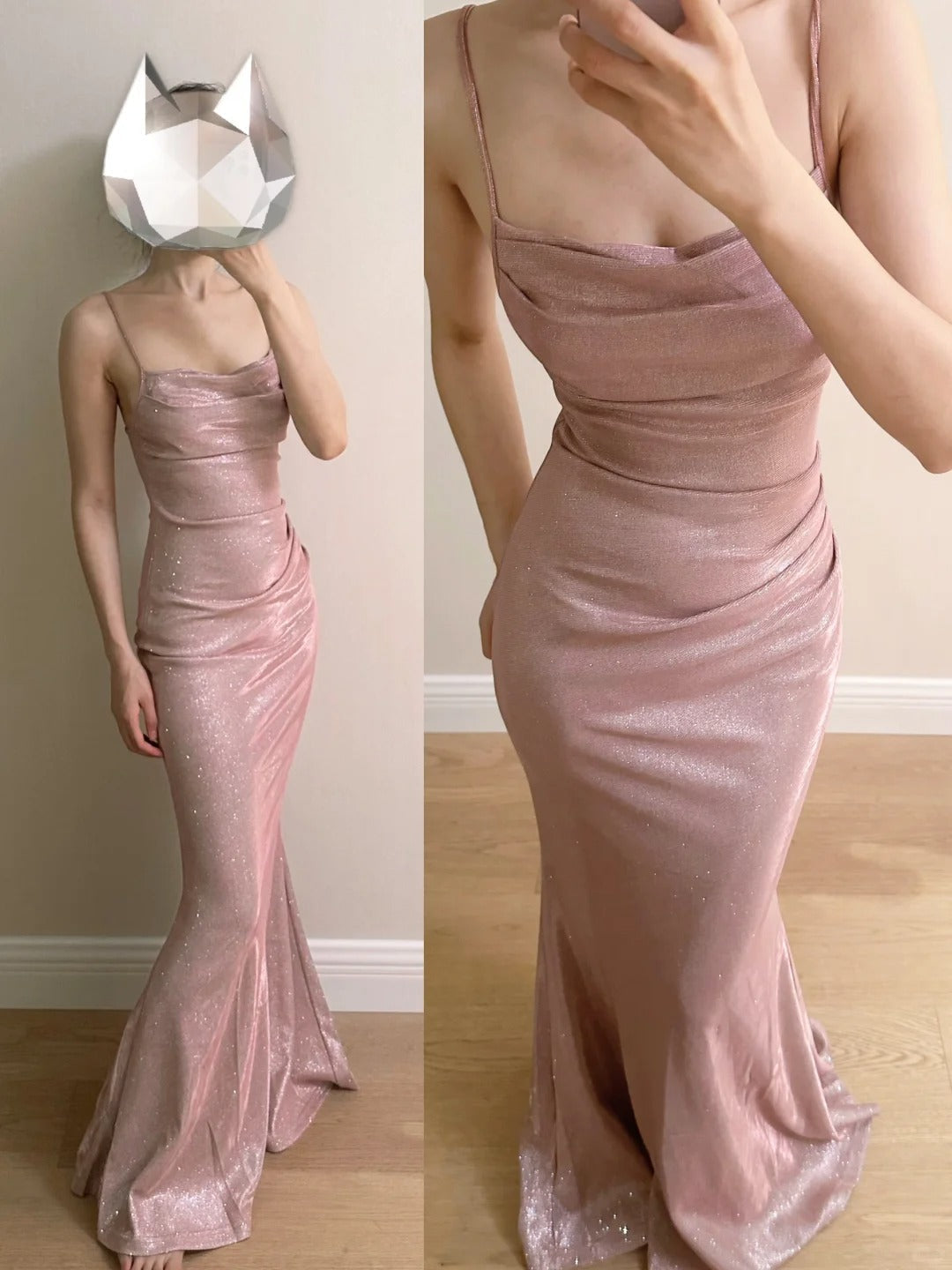 Elegant Pink Mermaid Spaghetti Strap Glittery Long Formal Prom Dresses Bridesmaid Dresses Secondary image