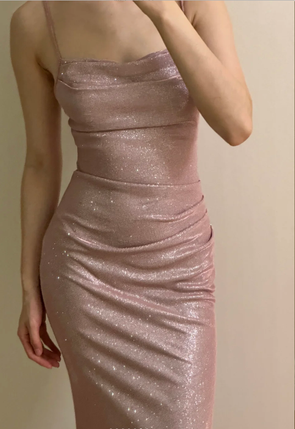 Elegant Pink Mermaid Spaghetti Strap Glittery Long Formal Prom Dresses Bridesmaid Dresses