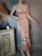 Elegant Pink Mermaid Spaghetti Strap Lace Embroidered Satin Formal Prom Dresses