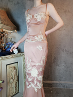 Elegant Pink Mermaid Spaghetti Strap Lace Embroidered Satin Formal Prom Dresses