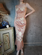 Elegant Pink Mermaid Spaghetti Strap Lace Embroidered Satin Formal Prom Dresses