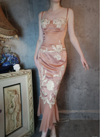 Elegant Pink Mermaid Spaghetti Strap Lace Embroidered Satin Formal Prom Dresses