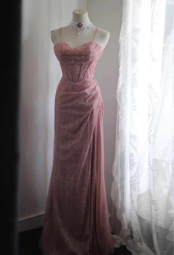 Elegant Pink Mermaid Spaghetti Strap Sequined Long Formal Prom Dresses