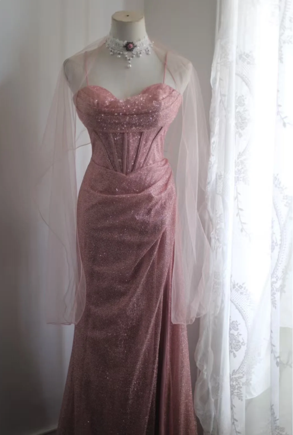 Elegant Pink Mermaid Spaghetti Strap Sequined Long Formal Prom Dresses