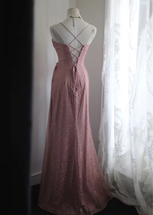 Elegant Pink Mermaid Spaghetti Strap Sequined Long Formal Prom Dresses