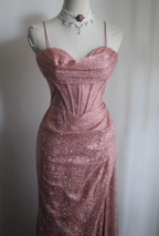 Elegant Pink Mermaid Spaghetti Strap Sequined Long Formal Prom Dresses