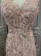 Elegant Pink Mermaid V-Neck Lace Embroidery Tulle Long Formal Prom Dresses