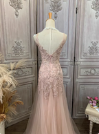 Elegant Pink Mermaid V-Neck Lace Embroidery Tulle Long Formal Prom Dresses