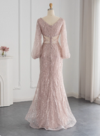 Elegant Pink Mermaid V-Neck Long Sleeve Sequin Long Formal Prom Dresses