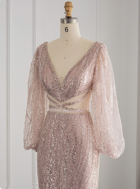 Elegant Pink Mermaid V-Neck Long Sleeve Sequin Long Formal Prom Dresses