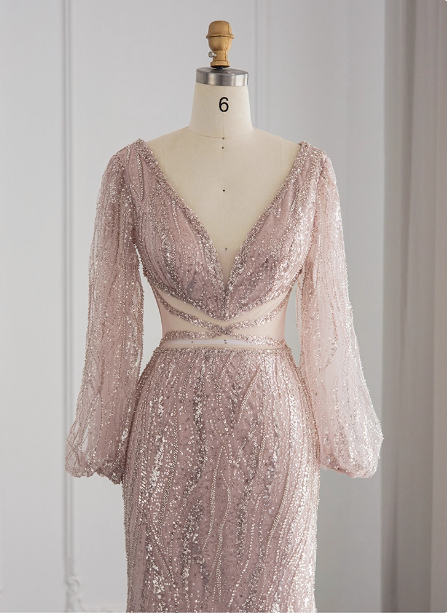 Elegant Pink Mermaid V-Neck Long Sleeve Sequin Long Formal Prom Dresses