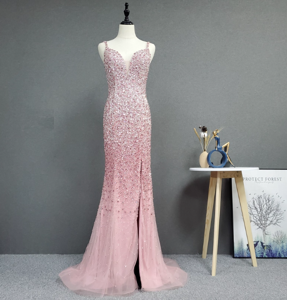 Elegant Pink Mermaid V-Neck Spaghetti Strap Full Rhinestone Slit Tulle Train Formal Prom Dresses Secondary image