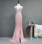 Elegant Pink Mermaid V-Neck Spaghetti Strap Full Rhinestone Slit Tulle Train Formal Prom Dresses