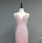 Elegant Pink Mermaid V-Neck Spaghetti Strap Full Rhinestone Slit Tulle Train Formal Prom Dresses