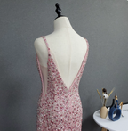Elegant Pink Mermaid V-Neck Spaghetti Strap Full Rhinestone Slit Tulle Train Formal Prom Dresses