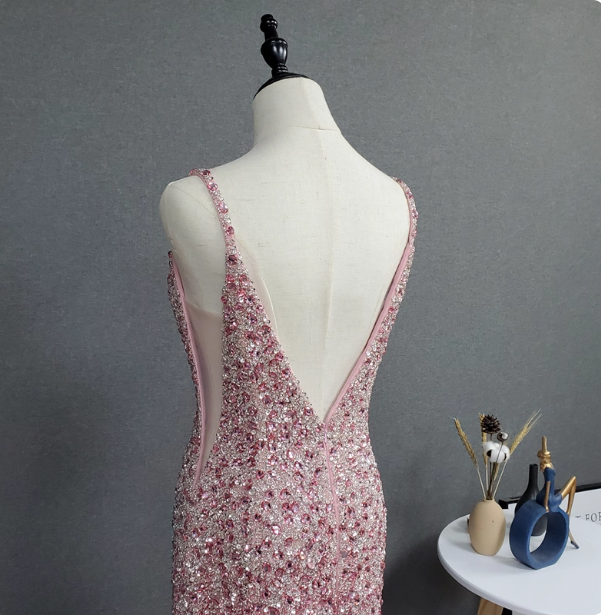 Elegant Pink Mermaid V-Neck Spaghetti Strap Full Rhinestone Slit Tulle Train Formal Prom Dresses