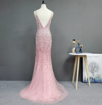Elegant Pink Mermaid V-Neck Spaghetti Strap Full Rhinestone Slit Tulle Train Formal Prom Dresses