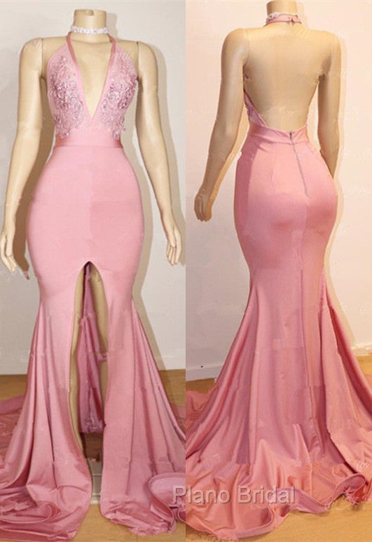 Elegant Pink Formal Prom Party Gowns| Backless Lace Evening Gown With Slit
