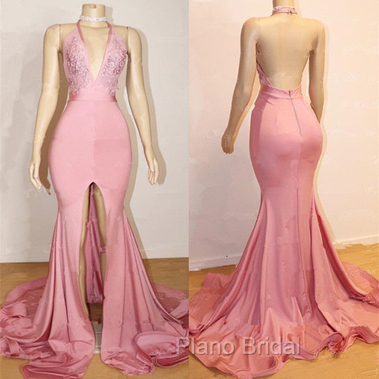 Elegant Pink Formal Prom Party Gowns| Backless Lace Evening Gown With Slit